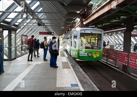 Schwebebahn, suspended railway, train arriving at a station, Wuppertal, Nordrhein-Westfalen, Germany Stock Photo