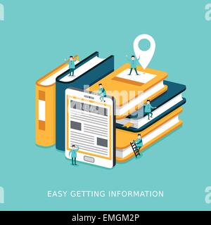 flat 3d isometric infographic for easy getting information concept with books and tablet piled up together Stock Vector