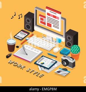 work style concept 3d isometric infographic with office supplies Stock Vector