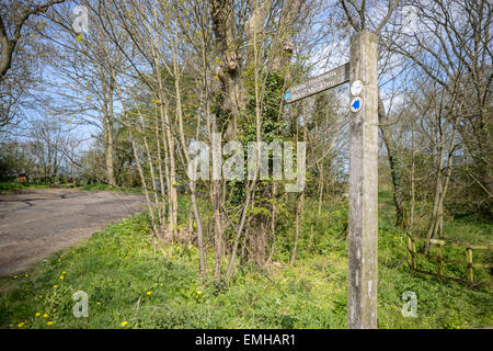 Wooden 'Public Bridleway' sign in Poppleton, a village just outside York, which takes you to the village of Moor Monkton Stock Photo