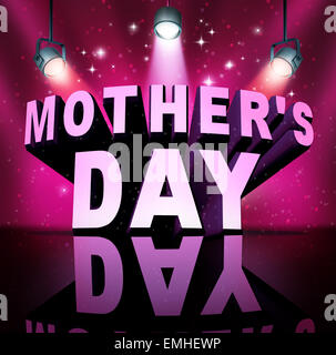 Happy Mothers's day text as three dimensional letters on a stage with bright spot lights as a month of May holiday celebration celebrating appreciation for mothers love. Stock Photo