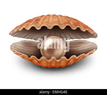 Pearl in an open sea shell as a metaphor for a rare treasure discovery and fortune as a seashell with a valuable natural precious sphere inside on a white background. Stock Photo