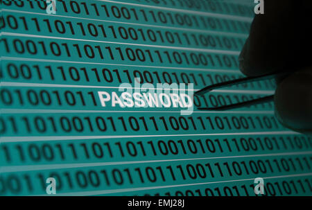 Password Retrieval!! human hand with tweezers on computer screen picking out password. Concept of hacking Stock Photo