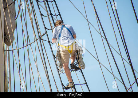 Galveston, TX, USA - October 31, 2014 - man climbing a rope ladder on a sailboat Stock Photo