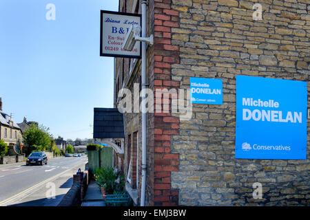 Chippenham, UK. 21st April, 2015. A campaign poster for Conservative 2015 parliamentary candidate Michelle Donelan is pictured in Chippenham. The Liberal Democrats won the Chippenham seat in the 2010 with a majority 0f 2470 (4.7%),the seat is seen as being marginal and is a big target for the Conservatives. Credit:  lynchpics/Alamy Live News Stock Photo