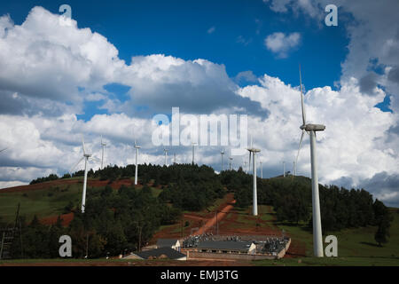 Nairobi, April 20. 22nd Apr, 2015. Wind turbines are seen at an wind electricity station on Ngong Hill, near Nairobi, capital of Kenya, on April 20, 2015. The 46th World Earth Day falls on April 22, 2015. Kenya possesses rich wind, geothermal and other green energy. In recent years, the country develop wind and geothermal power generation projects, which not only reduces the cost of electricity, but also achieves the purpose of environment protection. © Pan Siwei/Xinhua/Alamy Live News Stock Photo