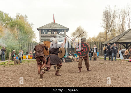 Vikings fight in Jomsborg Vikings village, Warsaw, Poland Stock Photo