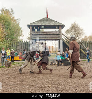 Vikings fight in Jomsborg Vikings village, Warsaw, Poland Stock Photo