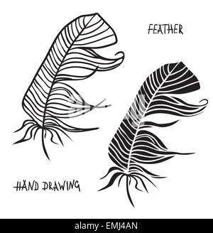 Hand drawn silhouettes of feathers in black and white. Vector ...