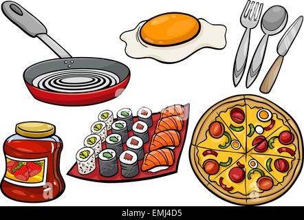 Cartoon Illustration of Kitchen and Food Objects Clip Arts Set Stock Vector