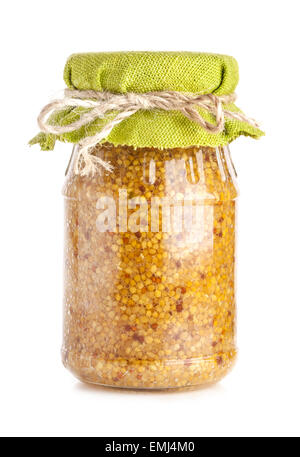 Mustard sauce in glass jar isolated on white Stock Photo