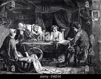 Vicar giving bible study to family in their home. Victorian woodcut engraving dated 1890 Stock Photo