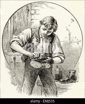 Boy cleaning boots. Victorian woodcut engraving dated 1890 Stock Photo