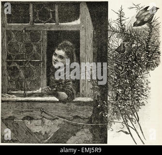 young girl looking out house window at birds in garden. Victorian woodcut engraving dated 1890 Stock Photo