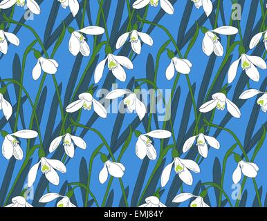 Snowdrops spring seamless background. Hand-drawn vector illustration Stock Vector