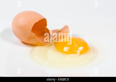 Cracked egg with shell on white plate Stock Photo
