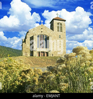 The historic St. Josephs Apache Mission, finished in 1939, on the Mescalero Apache Indian Reservation in the Sacramento Mountains of southern New Mexico. Stock Photo