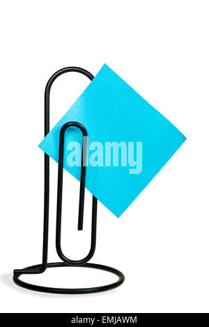 Large black paper clip with bold aqua square paper isolated on white. Stock Photo