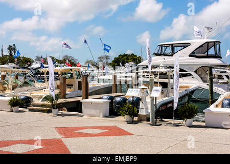 New boats on sale at the Suncoast boat show at the downtown waterfront Marina Jack in Sarasota Florida Stock Photo