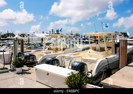 New boats on sale at the Suncoast boat show at the downtown waterfront Marina Jack in Sarasota Florida Stock Photo