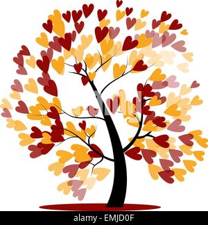 Autumn Wedding Tree of red and yellow Hearts hanging on the branches with two birds sitting Stock Vector