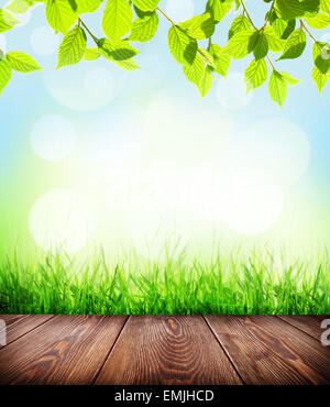 wooden floor with green grass on white background Stock Photo - Alamy