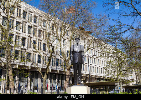 LONDON, UK - APRIL 14TH 2015: A statue of ex US President Ronald Reagan outside the US Embassy in Grosvenor Square in London on Stock Photo