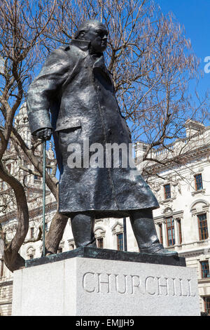 A statue of arguably Britain’s most iconic Prime Minister Sir Winston Churchill, located on Parliament Square in London. Stock Photo