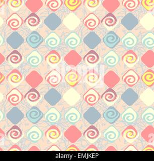 Geometric abstract seamless pattern motif background. Colorful shapes of spirals and rhombuses. Square composition Stock Vector