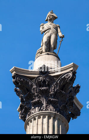 Admiral Horatio Nelson sitting proudly ontop of Nelsons Column in Trafalgar Square, London. Stock Photo