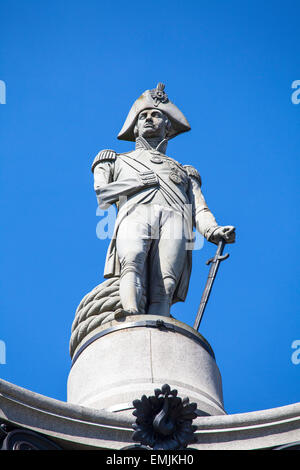 Admiral Horatio Nelson sitting proudly ontop of Nelsons Column in Trafalgar Square, London. Stock Photo