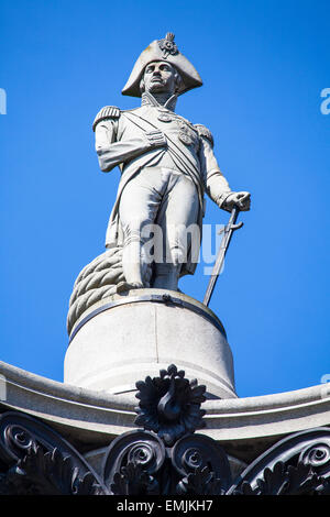 Admiral Horatio Nelson sitting proudly ontop of Nelsons Column in Trafalgar Square, London. Stock Photo