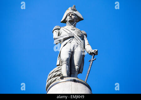 Admiral Horatio Nelson sitting proudly ontop of Nelsons Column in Trafalgar Square, London. Stock Photo