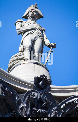 Admiral Horatio Nelson sitting proudly ontop of Nelsons Column in Trafalgar Square, London. Stock Photo