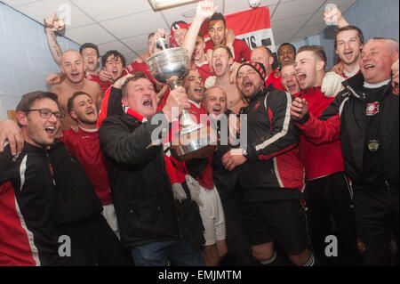 FC United manager Karl Marginson celebrates with his team after winning the Evostik Northern Premier League. Stock Photo