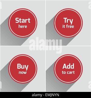 Red round modern flat web buttons set with long shadow Stock Vector
