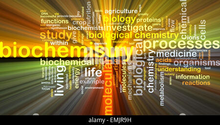 Background text pattern concept wordcloud illustration of biochemistry glowing light Stock Photo
