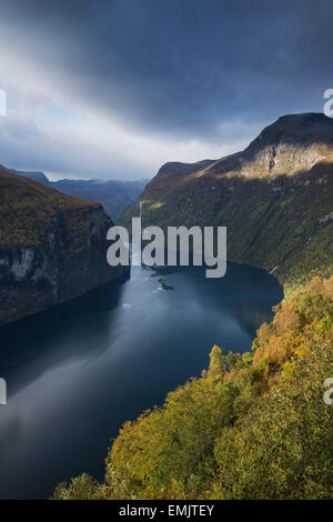 Scenic Geirangerfjord in autumn, Geiranger, Møre of Romsdals, Norway Stock Photo