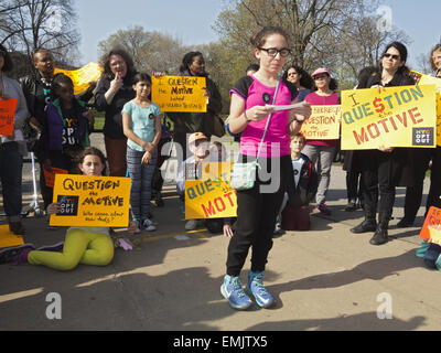 Sixth grader speaks at NYC Opt-Out rally in Prospect Park in Brooklyn, NY, April 21, 2015. Stock Photo