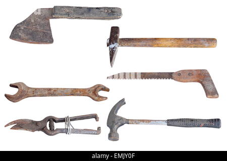 collection of old rusty tools isolated over white background Stock Photo