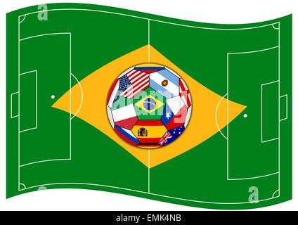 Vector illustration of the football field looks like Brazil flag with ball Stock Vector