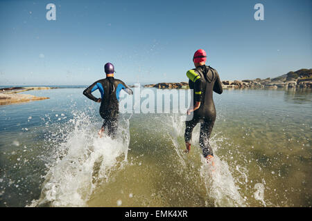 Two athletic swimmers entering the water with their wetsuits on.  Competitors in wet suits running into the water at the start. Stock Photo