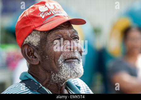 Old Brazilian man wearing a CUT cap, Central Única dos Trabalhadores, Unified Workers' Central, Valença, Rio de Janeiro State Stock Photo