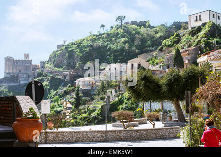 SAVOCA, ITALY - APRIL 4, 2015: cityscape of Savoca village in Sicily mountain. The town was the location for the scenes set in C Stock Photo