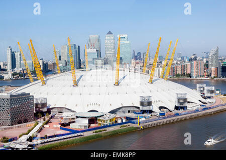 The Dome, Millennium Dome, The O2, with Canary Wharf financial district on the River Thames, London, England, United Kingdom Stock Photo