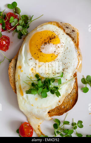Breakfast, eggs on toast with cherry tomatoes and cress