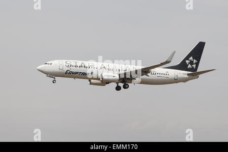 Egyptair Boeing 737 with Star Alliance special livery approaching to the El Prat Airport in Barcelona, Spain. Stock Photo