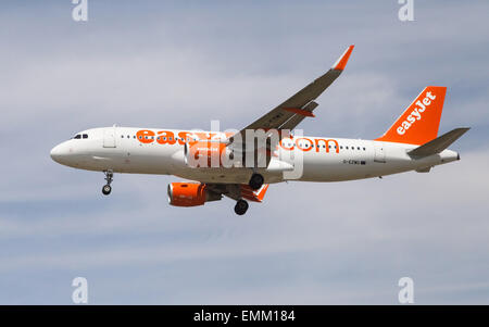 An Easyjet Airbus A320 approaching to the El Prat Airport in Barcelona, Spain. Stock Photo