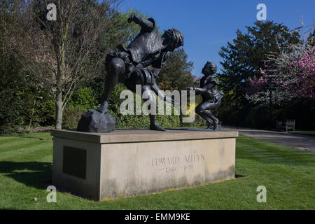 The sculpture of Edward Alleyn by local sculptor, Louise Simson in the grounds of Christ's Chapel in Dulwich Village. Edward Alleyn (1566–1626) was an English actor who was a major figure of the Elizabethan theatre and founder of Dulwich College and Alleyn's School. Stock Photo