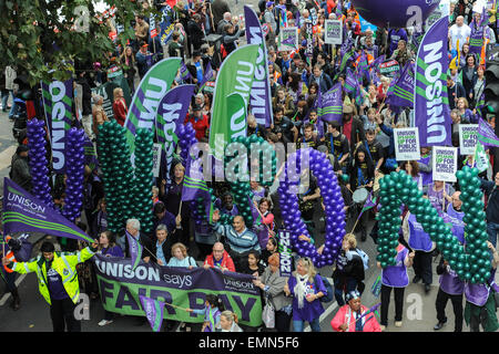 Thousands march during the Britain Needs a Payrise demonstration in Central London.  Featuring: View,Atmosphere Where: London, United Kingdom When: 18 Oct 2014 Stock Photo